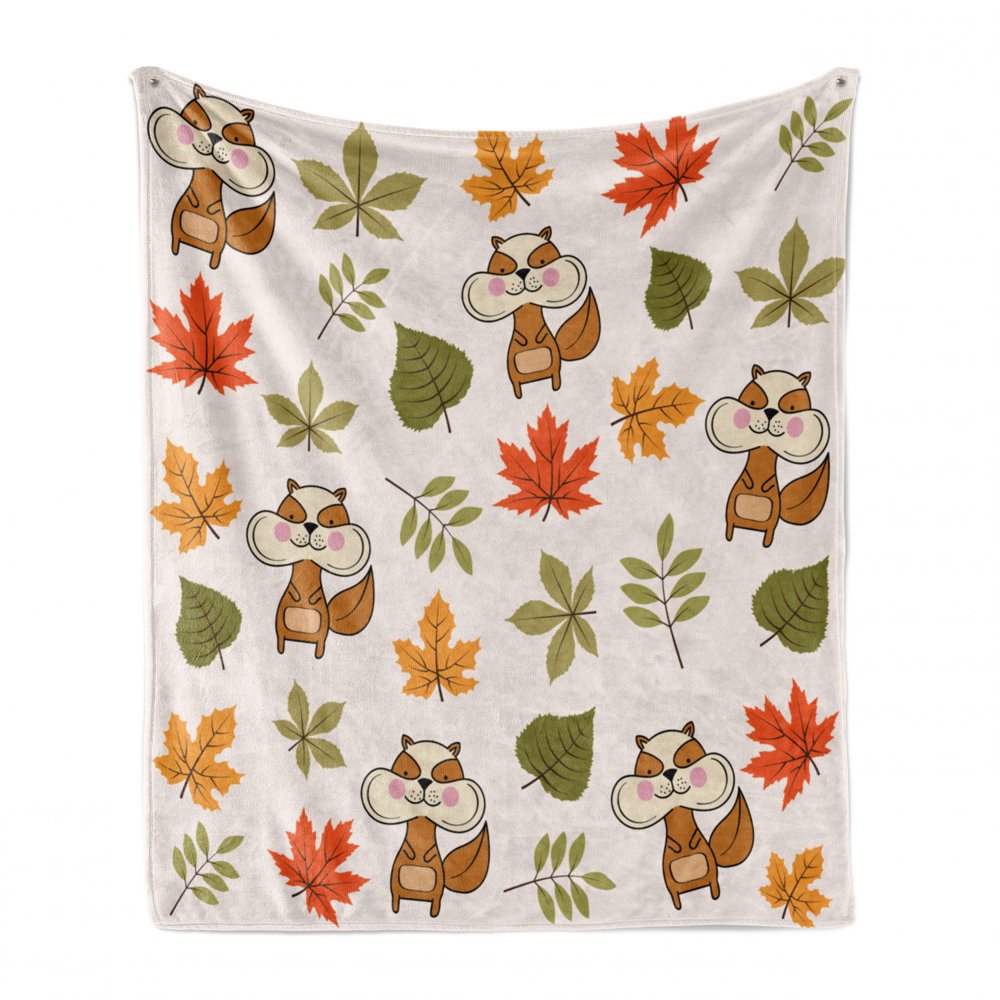 Squirrel Soft Flannel Fleece Throw Blanket, Autumn Doodle Forest Friend