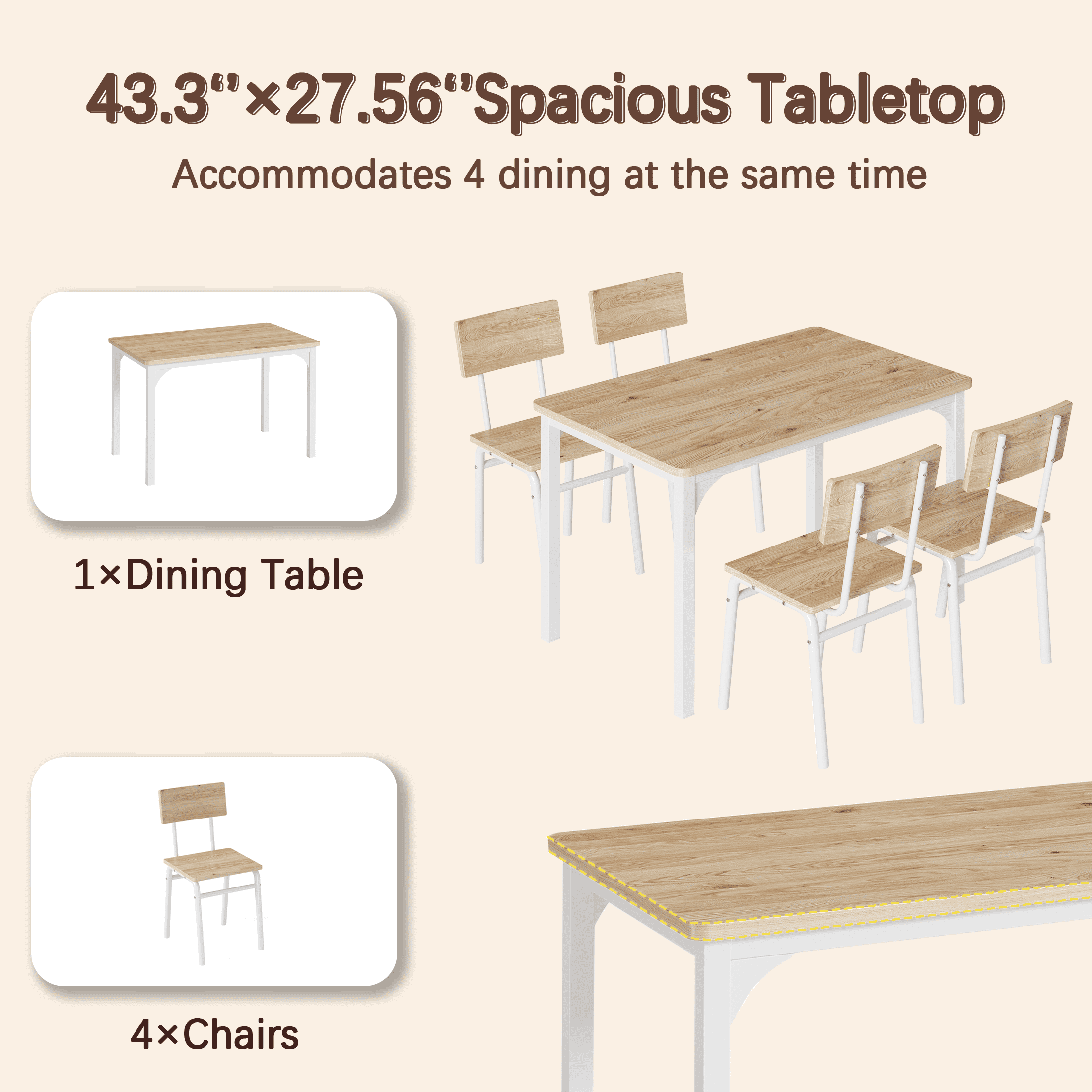 Paproos Wooden Kitchen Table Set, Dining Table with 4 Chairs