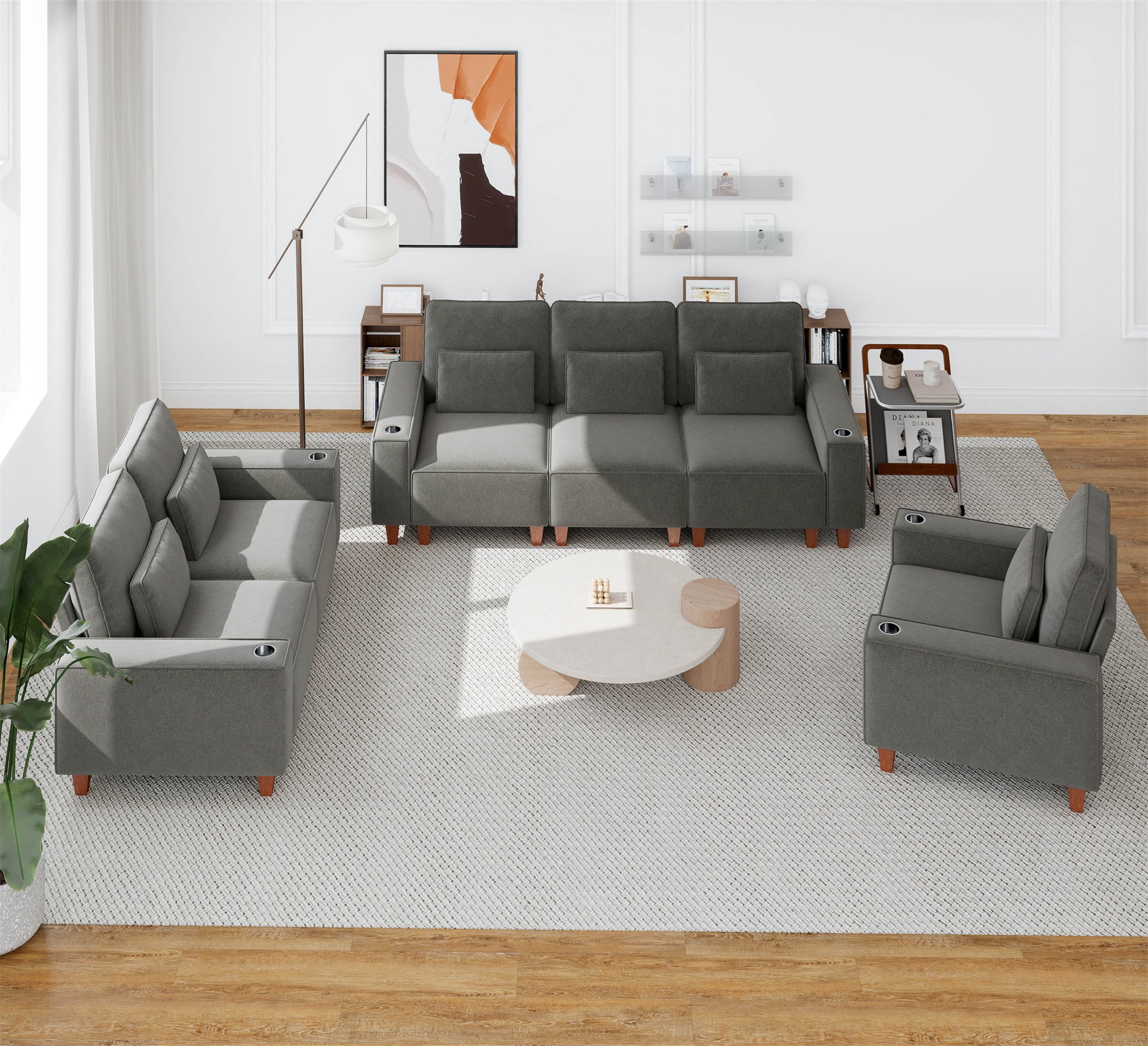 Aukfa 3 Piece Sofa Set - 71" Deep Seat Couch Loveseat Couch with Cup Holders&Pillows, Chenille, Gray