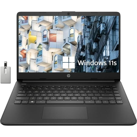 HP Premium 14" Stream HD Laptop, Intel Celeron N4120 Processor, 4GB RAM, 64GB eMMC, Webcam, Intel UHD Graphics, 1 Year Office, Bluetooth, WiFi, HDMI, Windows 11 S, Black, 32GB Hotface USB Card