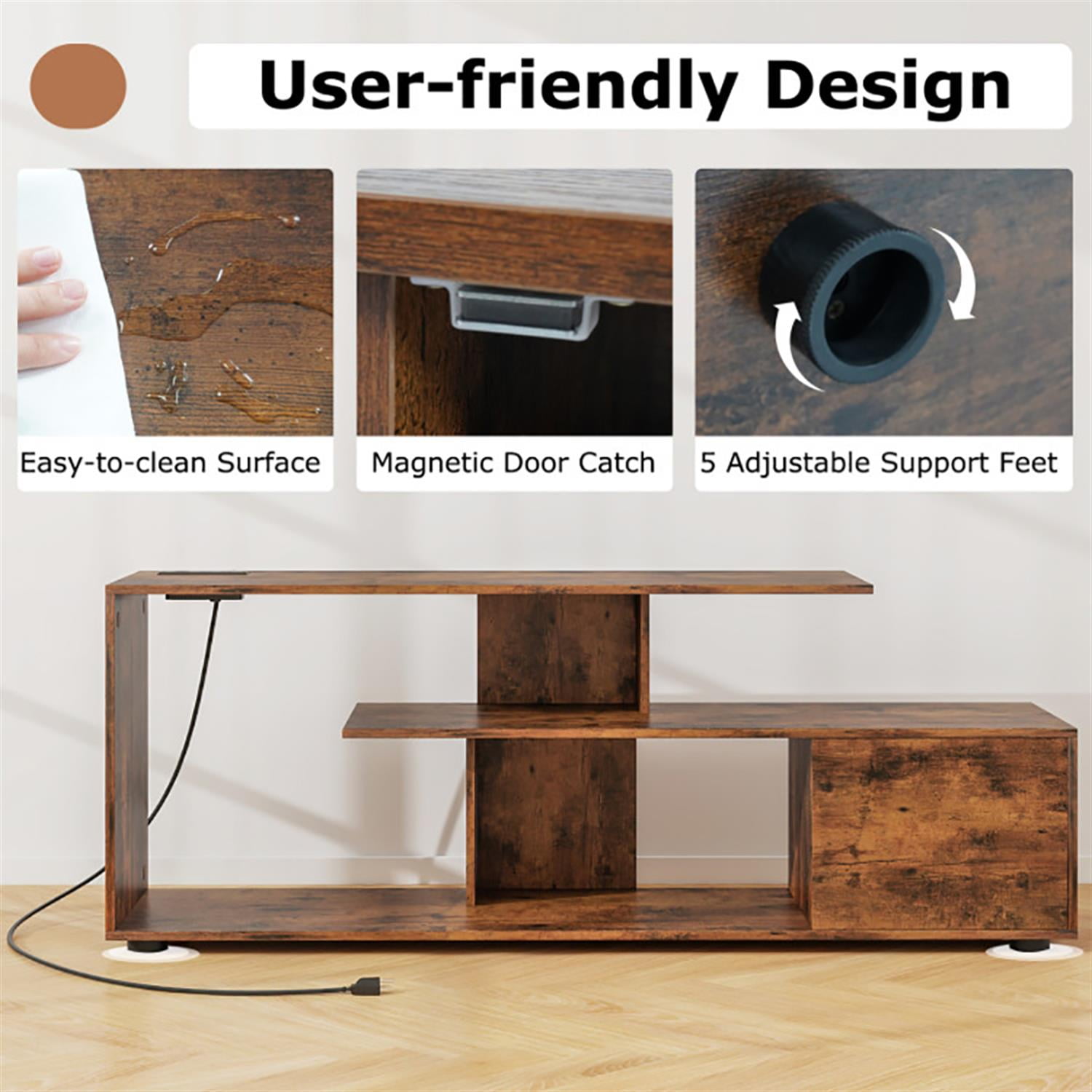 Demi Bonn TV Stand for 60" TVs, Entertainment Center with Power Outlet, Modern Media TV Console Table for Living Room Bedroom, Brown