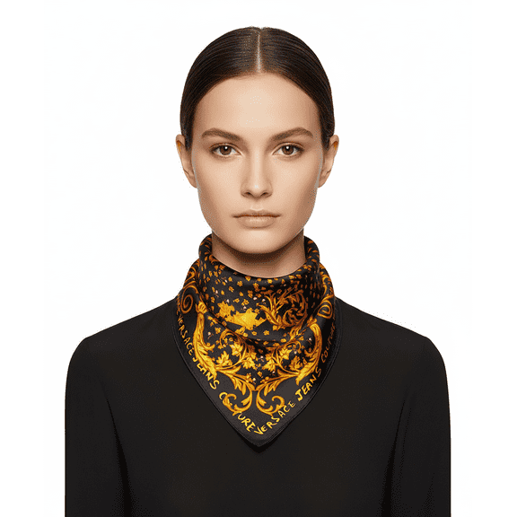 Versace Jeans Couture Baroque  Black/Gold Bloom Silk Scarf for Womens