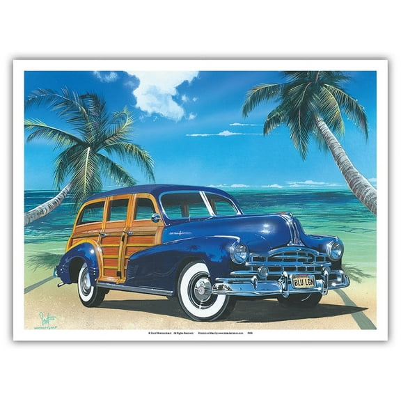 Blue Lagoon - Retro Woodie Car on Beach - From an Original Color Painting by Scott Westmoreland - Master Art Print (Unframed) 9in x 12in