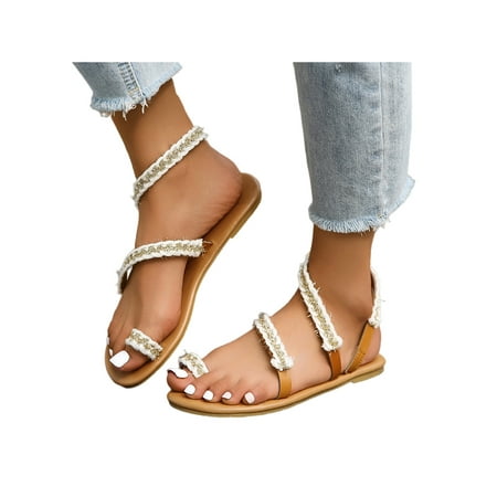 

SIMANLAN Women Flat Sandals Beach Sandal Summer Toe Ring Shoes Womens Comfort Slides Ladies Slip On Yellow 7.5