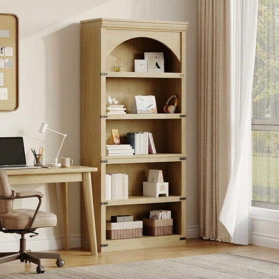 69" Arched Bookshelf, 5-Tier Farmhouse Bookcase with Wood Base for Office Living Room Library