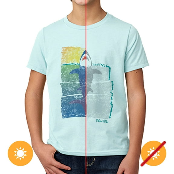 Del Sol Youth Boys Premium Crew Tee - Rising Shark, Ice Blue T-Shirt - Changes from Blue & White to Vibrant colors in the Sun - 100% Combed, Ring-Spun Cotton, Relaxed Fit