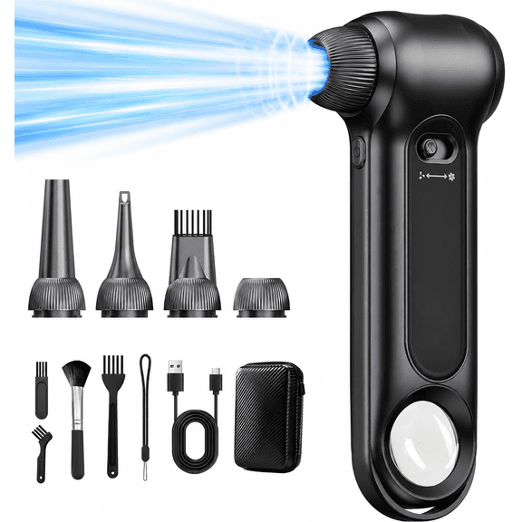 Compressed Air Duster-150000RPM Brushless Motor, Stepless Speed, Rechargeable Powerful Cordless Blower, Portable Air Duster with LED & Magnifier, Nozzle Kit for Keyboard Electronics Car Home (Black)