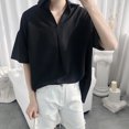 thumbnail image 4 of Camisas De Sport Para Hombre Camisas para hombres de manga corta con cuello doblado hacia abajo camisa con cuello sólido trajes de verano (Black, XXL), 4 of 5