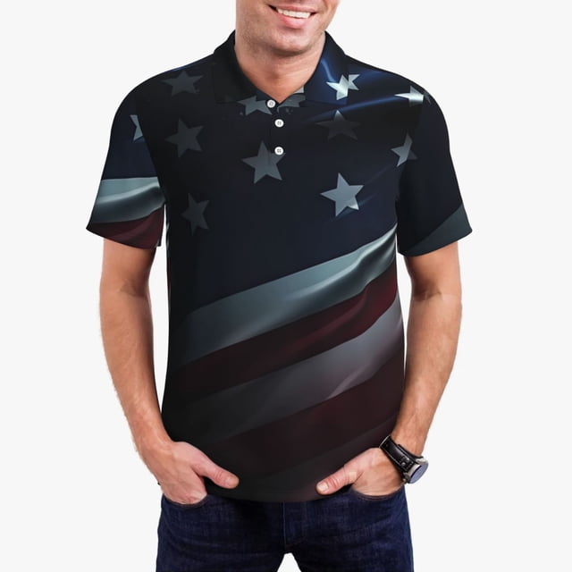 Balery American Flag Waving Print Camisa Polo de Hombre con Estampado, de Manga Corta y Tejido Medio, Camisa Tipo Golf Polo-Large
