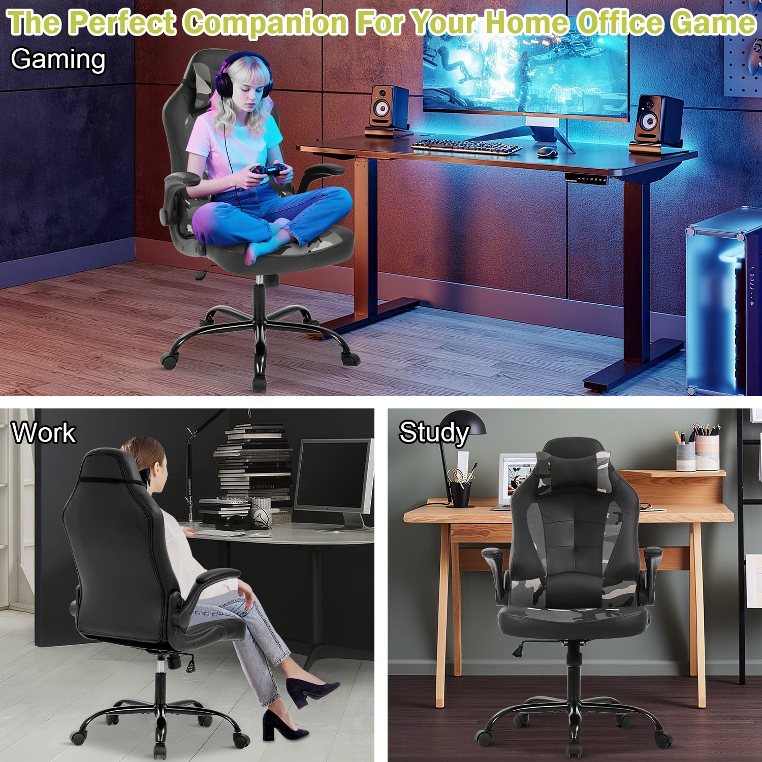 Video Game Chair High Back Gaming Chair PU Leather Racing Chair with Headrest Lumbar Support & Flip-up Arms , Adjustable Gamer Chair for Adults & Kids, Camo