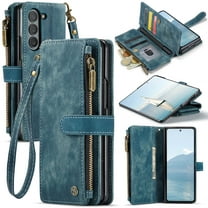 Dteck Case for Samsung Galaxy Z Fold 7 Wallet Cover for Women Men,Luxury Durable PU Leather Magnetic Closure Card Pocket Zipper S-Pen Holder Case with Lanyard Strap Wristlet,Blue