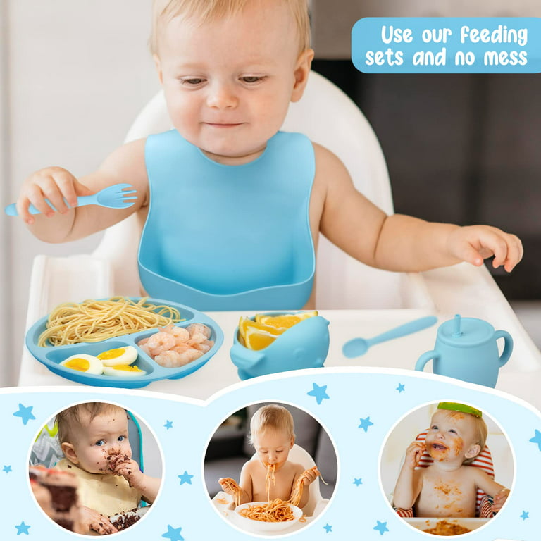 Dsstyles Baby LED Weaning Supplies, 7 Pcs Silicone Toddler Feeding Utensils - Adjustable Bibs, Suction Divided Plate, Placemat, Spoon, Fork, Suction