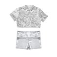 thumbnail image 3 of renvena Kids Girls Short Sleeves Sparkly Crop Top and Shiny Metallic Short for Cheerleading Performance Silver 10, 3 of 7
