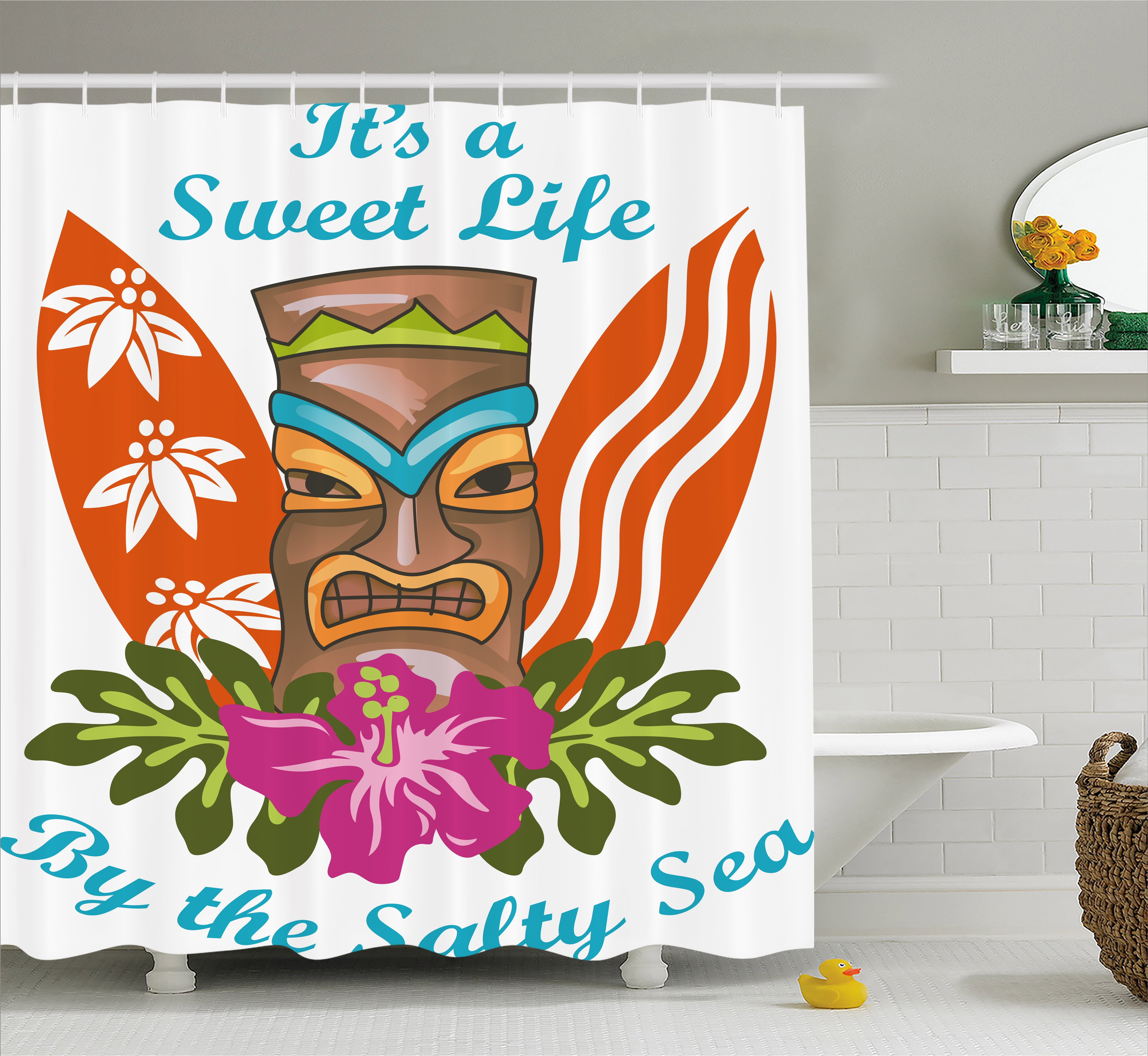 Tiki Bar Shower Curtain, Sweet Life by the Salty Sea Text with Tiki