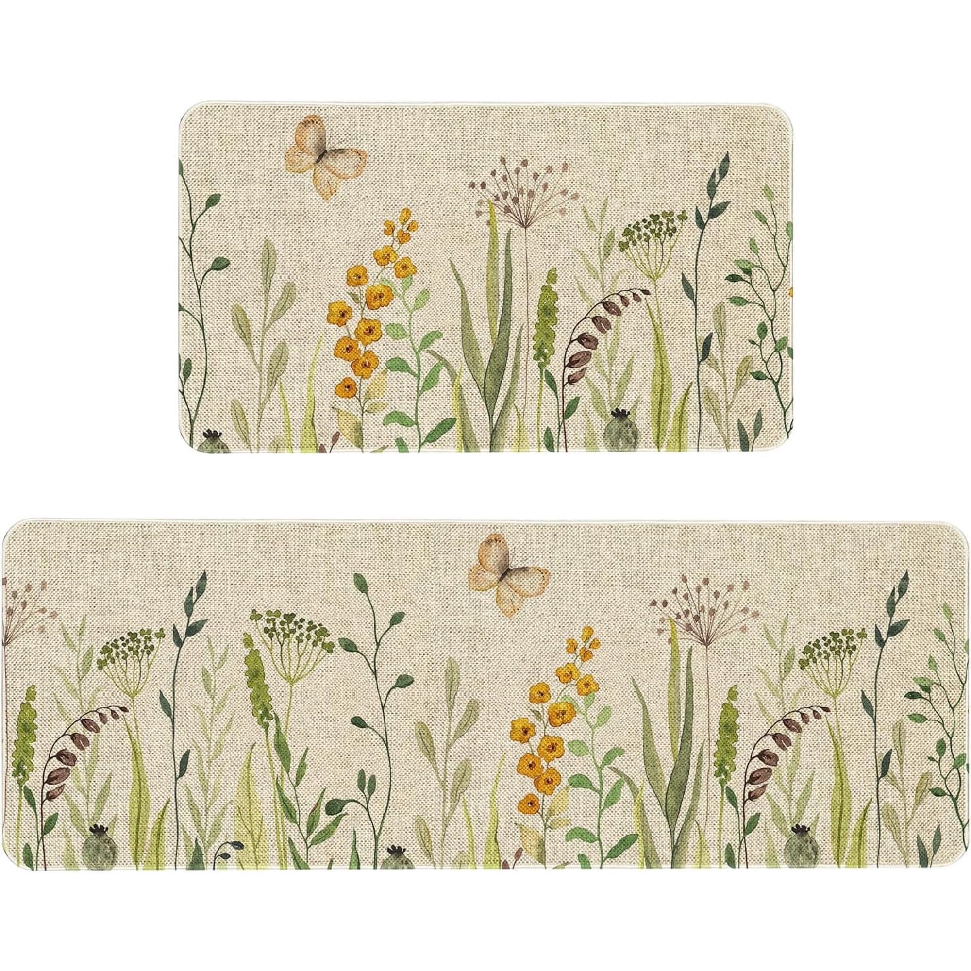 Flower Kitchen Rug Sets 2 Piece Farmhouse Flowers Kitchen Mats for Floor Non Slip Washable Thin Kitchen Area Rug Floor Mat Waterproof Hallway Laundry Room Runner Rug