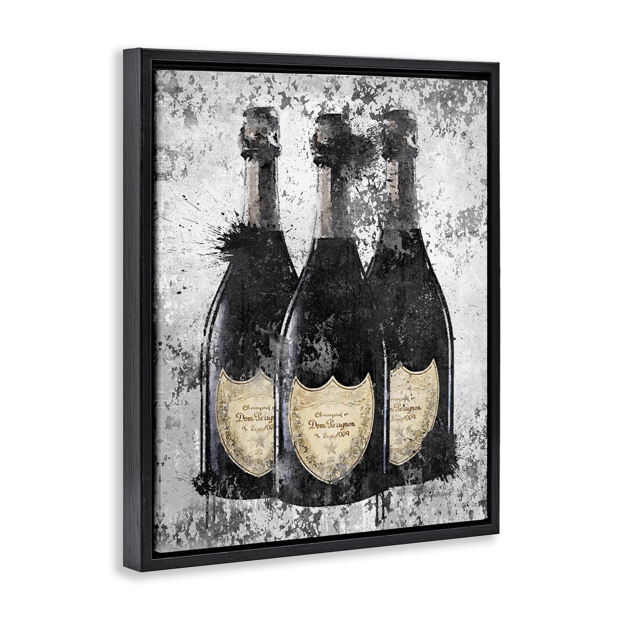 Stupell Industries Champagne Bottles Grey Gold Ink Illustration Jet Black Framed Floating Canvas Wall Art, 24x30, by Amanda Greenwood