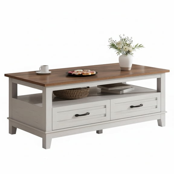 Garvee Farmhouse Coffee Table with 2 Drawers, 47.24 x 23.62 x 19", Open Shelf, Brown & White