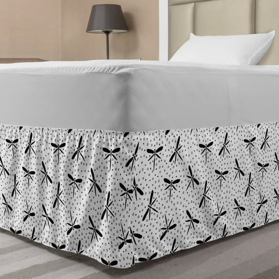Dragonflies Bed Skirt, Illustration of Repeating Flying Insect Silhouettes and Polka Dots, Elastic Bedskirt Dust Ruffle Wrap Around for Bedding Decor, 4 Sizes, Charcoal Grey and White, by Ambesonne