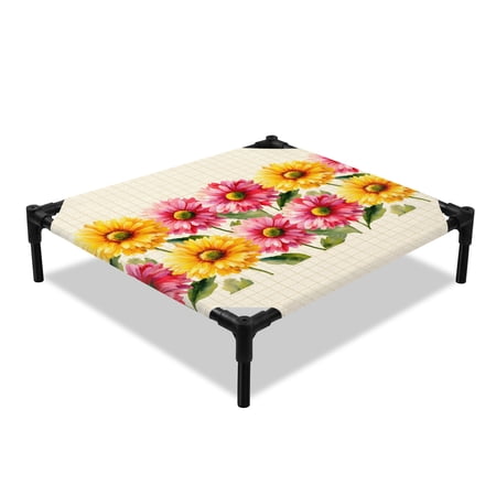 Yellow Pink Daisy Elevated Dog Bed Rustic Farmhouse Boho Yellow Plaid Cooling Breathable Outdoor Raised Dog Cot Bed with Metal Frame Non-Slip Feet for Small Dog 20x20in