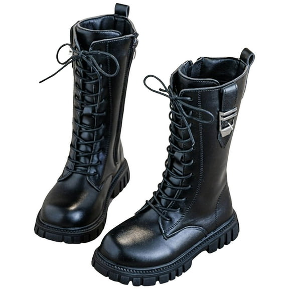 Mostsola Girls Mid Calf Combat Boots Waterproof Leather Kids Winter Boots Lace up Zipper Riding Boot