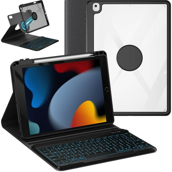 Vinci Pad 9th/8th/7th Generation Keyboard Case 10.2 inch,360° Rotatable Magnetic 10.5-inch iPad Pro Air 3 Case with Pencil Holder,7 Color Backlit Removable Wireless Folio Keyboard Tablet Cover