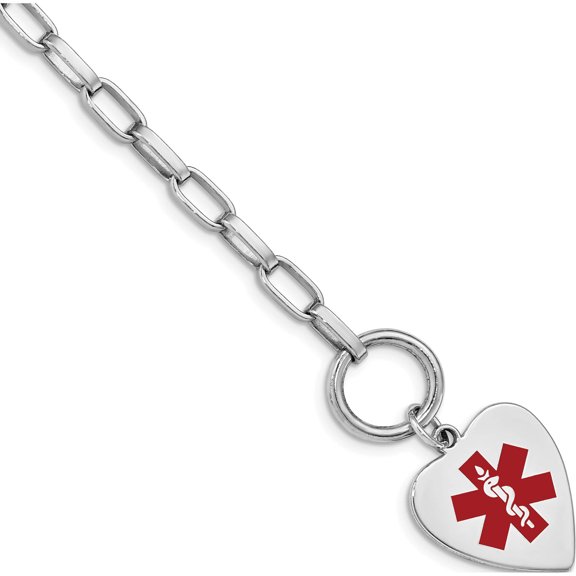 Sterling Silver Rhodium Engraveable Enamel Heart Medical Id Bracelet (7.75 X 18) Made In United States xsm90-7.75