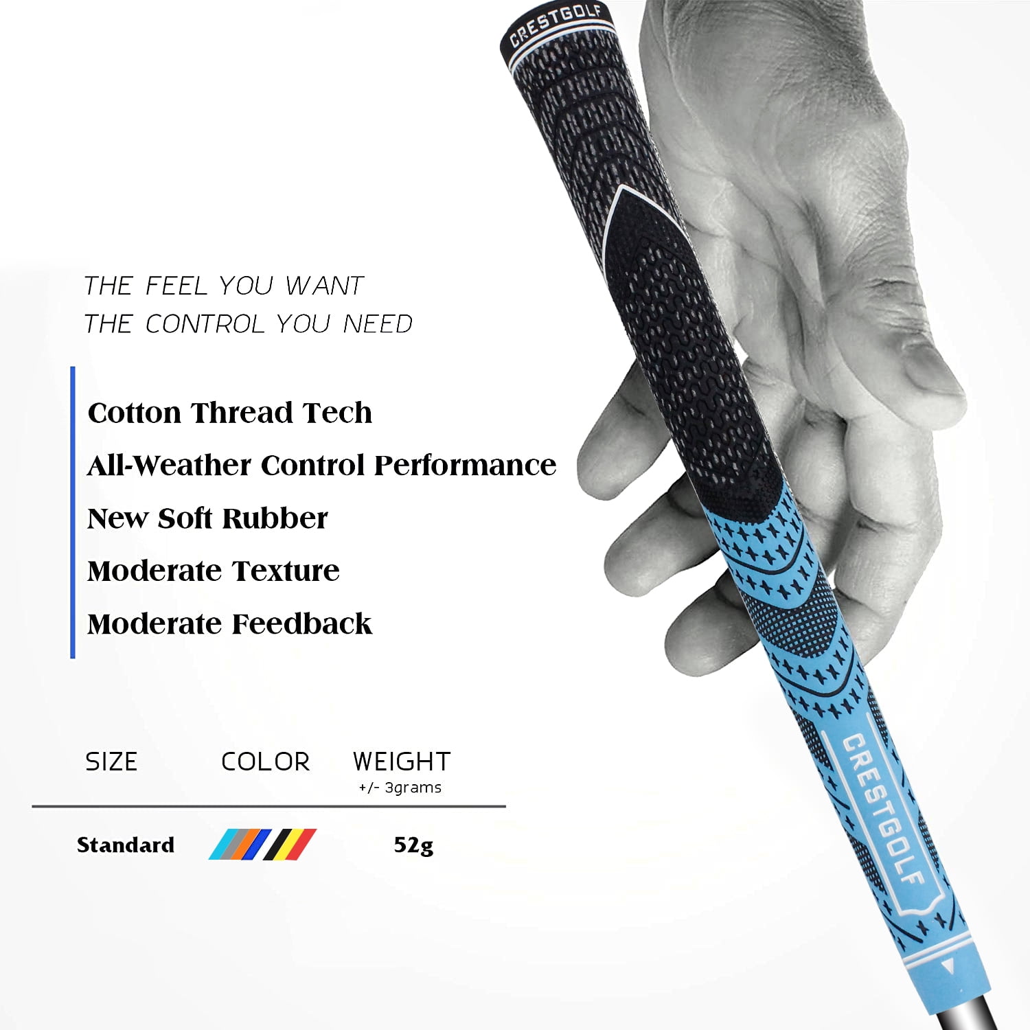 Crestgolf 13pcs Golf Grips Standard/Midsize All-Weather Control Thread Technology Rubber Combine with Carbon Yard, Anti-Slip-Set