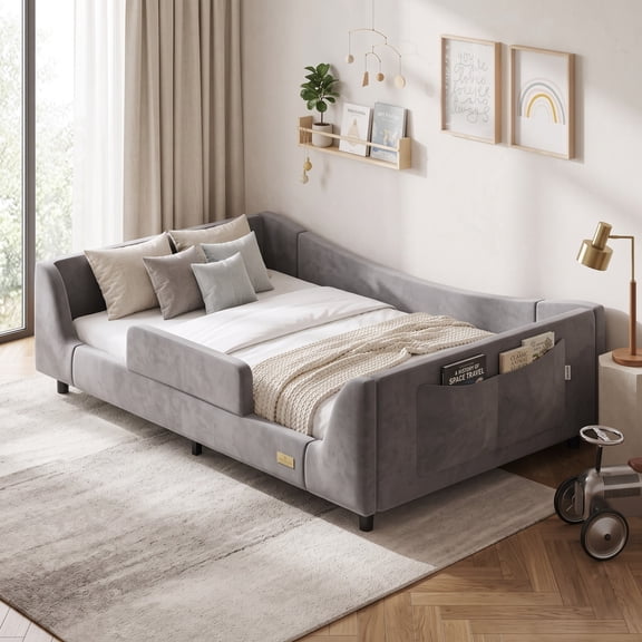 Afuhokles Upholstered Low Montessori 2-in-1 Twin Beds with Side Guardrails and Storage Pockets, Low Profile Soft Velvet Daybed, Grey