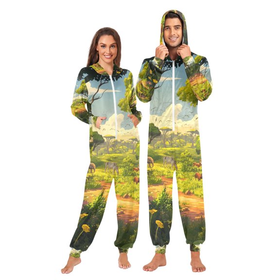 Jungle Animals Savanna Adult Onesie Pajamas Slim Fit Christmas One Piece Suit Pjs for Women and Men Hooded Zipper