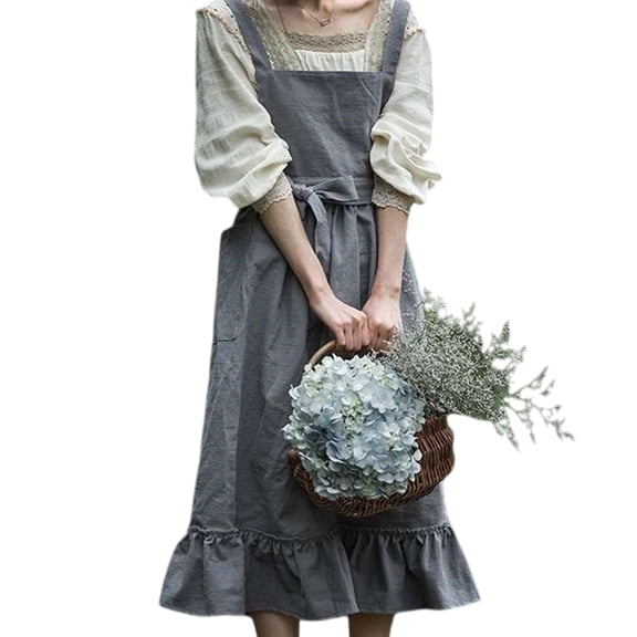 Florist Cotton Linen Adjustable Ruffle Apron Vintage Aesthetic Pinafore Dress with Pockets for Home Cooking and Baking