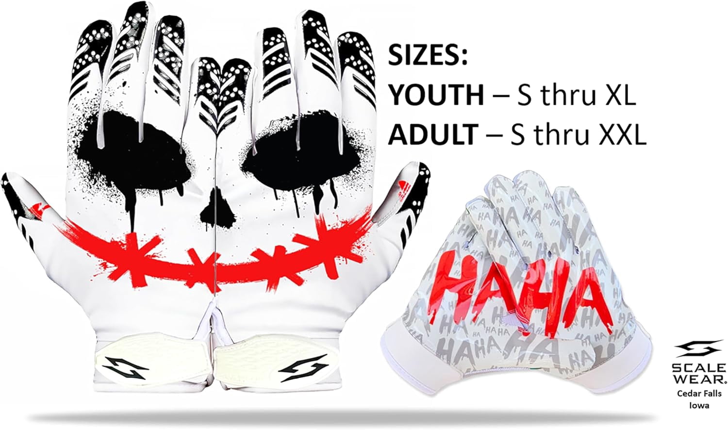 Joker Football Receiver Gloves Jester Sticky Tacky Elite Pro Grip Super Sports Palms Performance Boost Your Game Skin Tight Kids Boys Sizes Youth Adult Men Wide Villain Battle USA (Adult Medium)