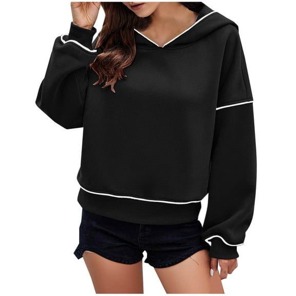YUGYXL Fall Winter Cropped Hoodies for Women Casual Long Sleeve Drop Shoulders Hooded Pullover Loose Relaxed Sweatshirt Black XXL