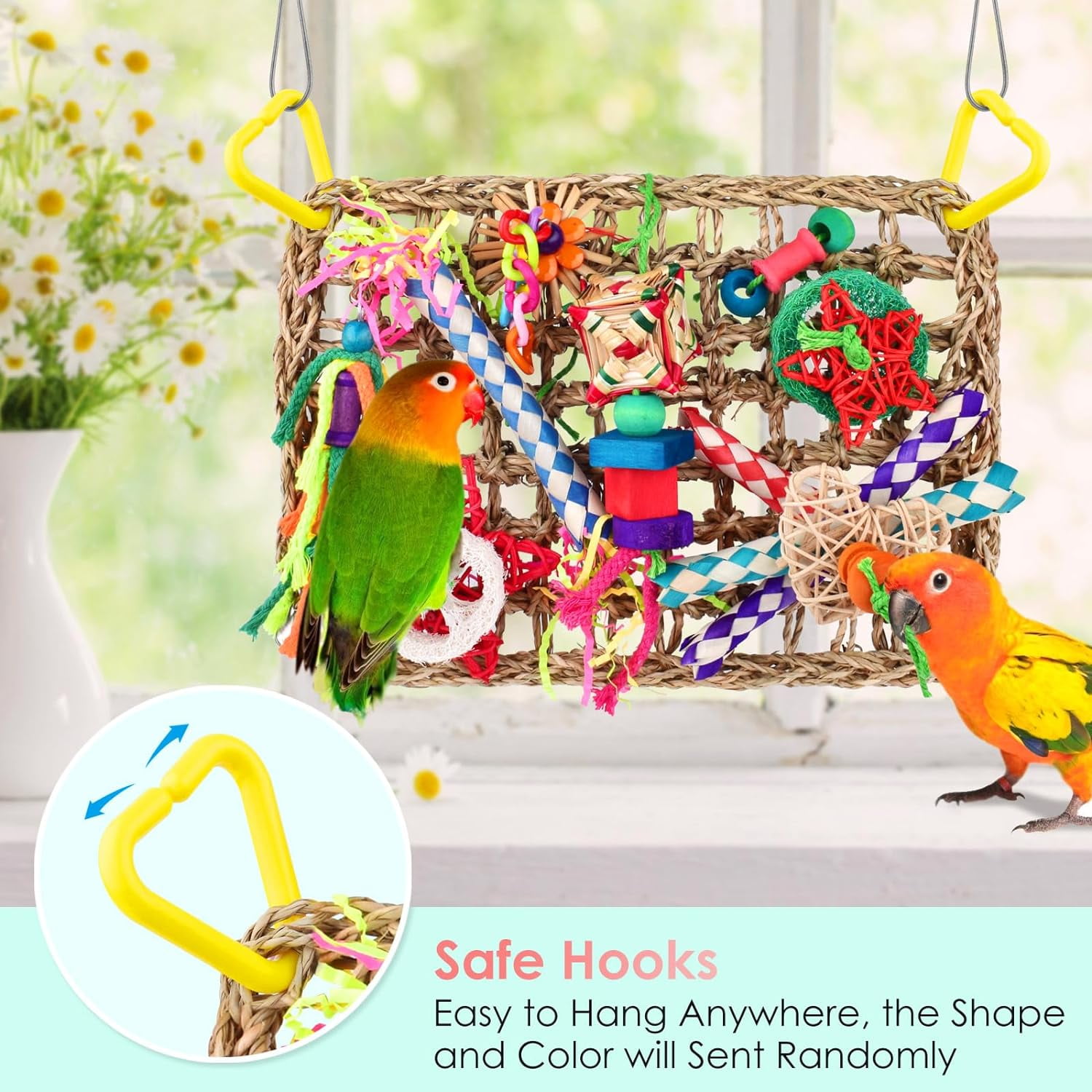 Bird Toys, Bird Foraging Wall Toy, Edible Seagrass Woven Climbing Hammock Mat with Colorful Chewing Toys, Suitable for Lovebirds, Finch, Parakeets, Budgerigars, Conure, Cockatiel