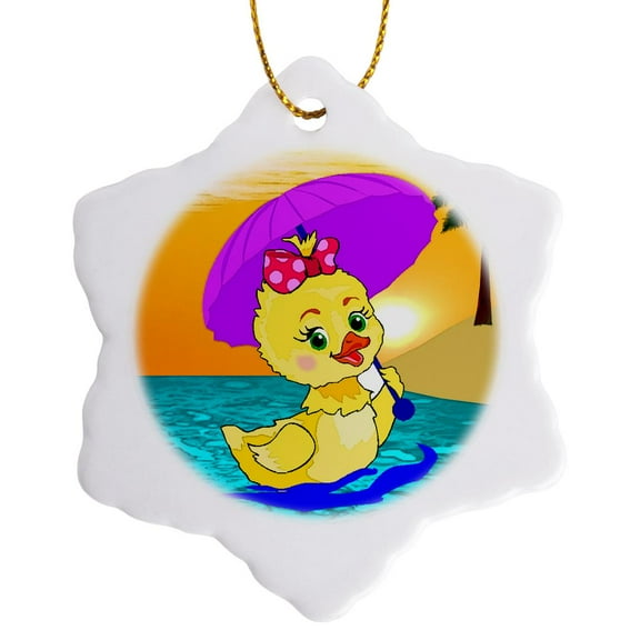 3drose, Little Duck with Umbrella, 3 inch Snowflake Porcelain Ornament