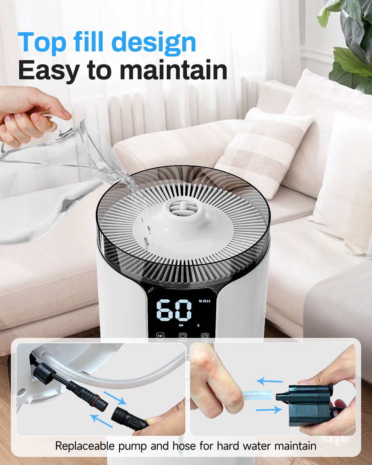 Large Room Humidifier 4.2gal for Home Bedroom, Whole House Top Fill Cool Mist Humidifier with Touch & Remote Control, Lacidoll