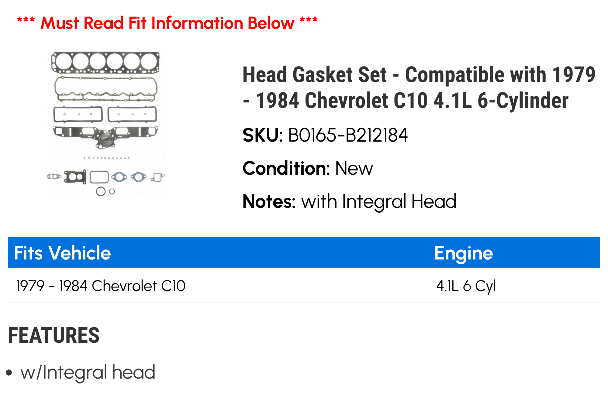 Head Gasket Set - Compatible with 1979 - 1984 Chevy C10 4.1L 6-Cylinder 1980 1981 1982 1983