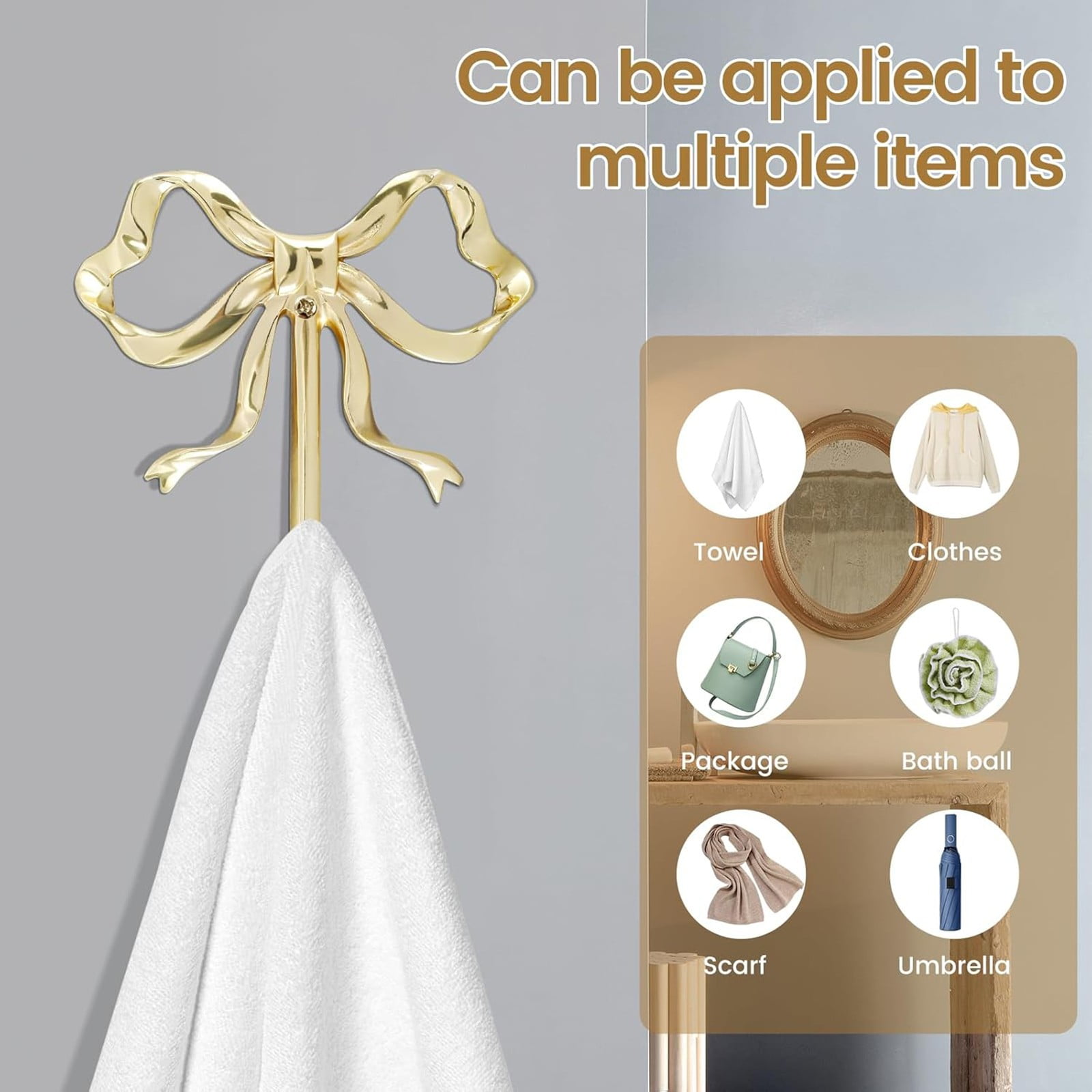 Command Hooks - Qyaukm 4-Pack Bow Shaped Hooks, Decorative Brass Wall Hooks for Towels, Hats, Bags, Keys, Bathroom Bedroom Living Room, Gold Bow Hangers S, 4X Brass Bow Hooks
