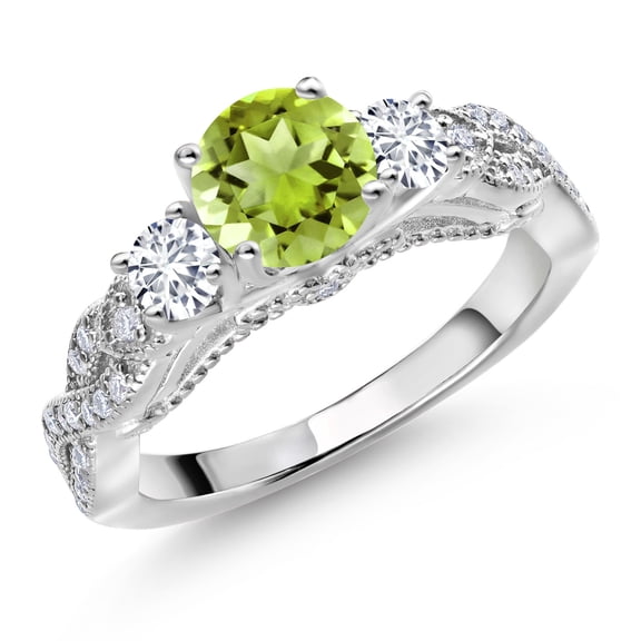 Gem Stone King 925 Sterling Silver Green Peridot White Lab Grown Diamond and White Moissanite Engagement Ring for Women (1.47 Cttw, Gemstone August Birthstone, Round 6MM and 3MM, Size 5)