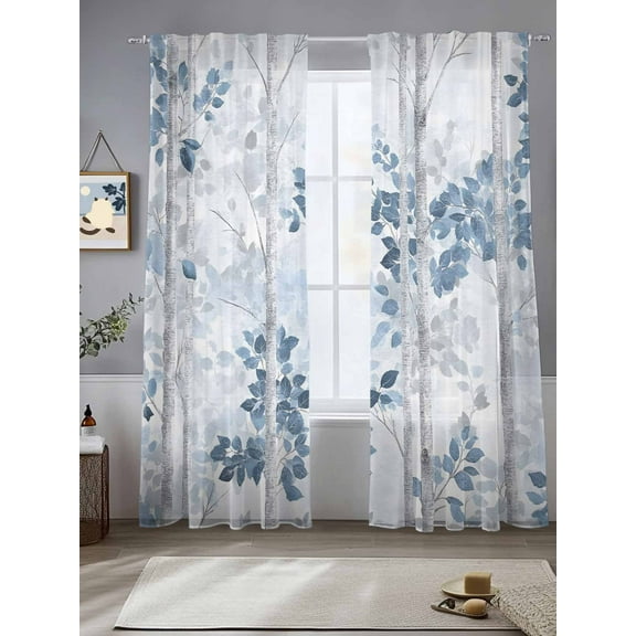 Blue Grey Leaves Sheer Curtains for Living Room Bedroom Watercolor Branches Vintage Forest Sheer Curtains 84 Inch Long 2 Panels Set Light Filtering Curtain Window Treatments Drapes for Dining Room