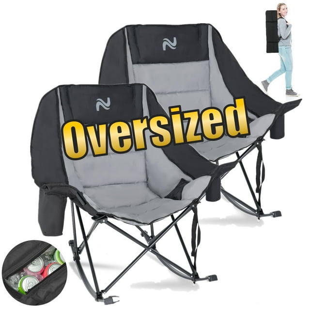 ABORON Oversized Rocking Camping Chair for Adults - 400lbs Capacity Heavy Duty Padded Rocker Chair, Folding Lawn Chair with Cooler Bag and Pockets, Portable Recliner Outdoor,Set of 2