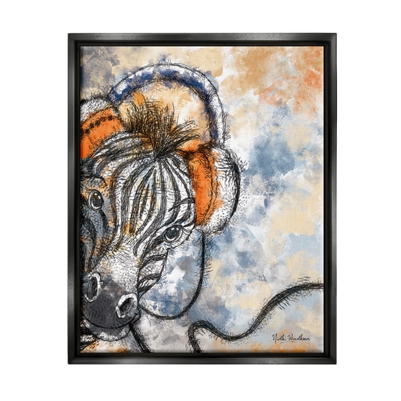 Stupell Industries Zebra with Headphones Animals & Insects Painting Black Floater Framed Art Print Wall Art, 17 x 21