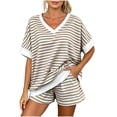 thumbnail image 2 of Enjoytime Striped Outfits for Women V Neck Short Sleeve Shorts 2 Piece Sets Summer Casual Matching Set, 2 of 5
