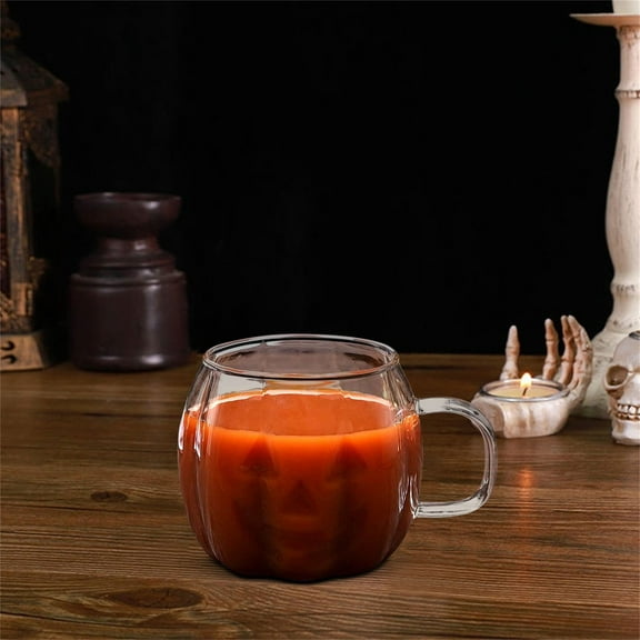 Homesteed Halloween Pumpkin Glass Mug 400ml Handled Cup for Coffee Juice Iced Beverages Decorative Fall Glassware for Seasonal Home Entertaining