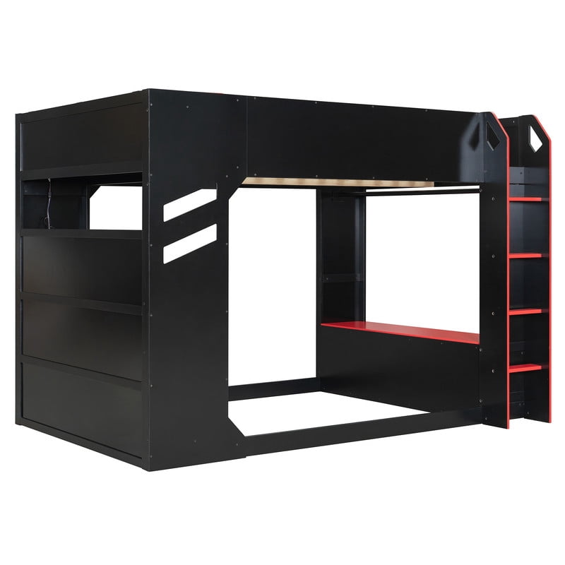 Full Size Wood Loft Bed with Height Adjustable Desk, RGB LED Lights & Storage Drawers, Gaming Loft Bed Frame with Headboard Cabinet, Hanging Rod for Bedroom