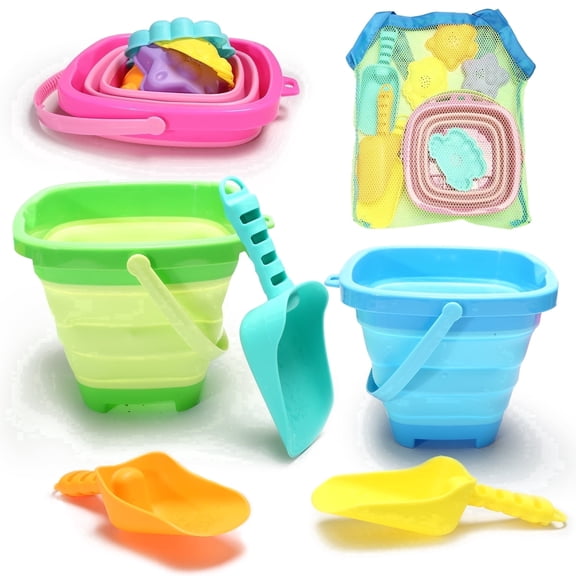 Complete Beach Toy Kit – 3 Collapsible Buckets, 3 Shovels, 4 Sand Molds & Mesh Bag for Kids Aged 3
