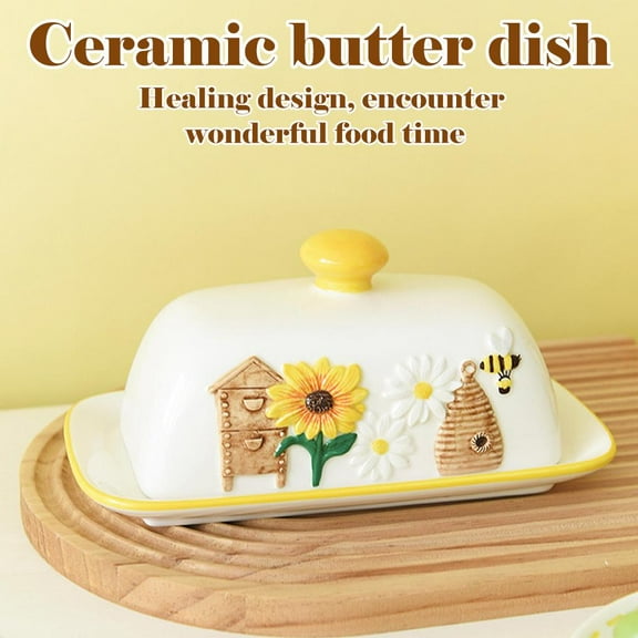 QHUDLV Ceramic Butter Dish with Lid, Sunflower Butter Keeper 8.64.8 Large Storage Ceramic Tray For Counter Keeper Butter