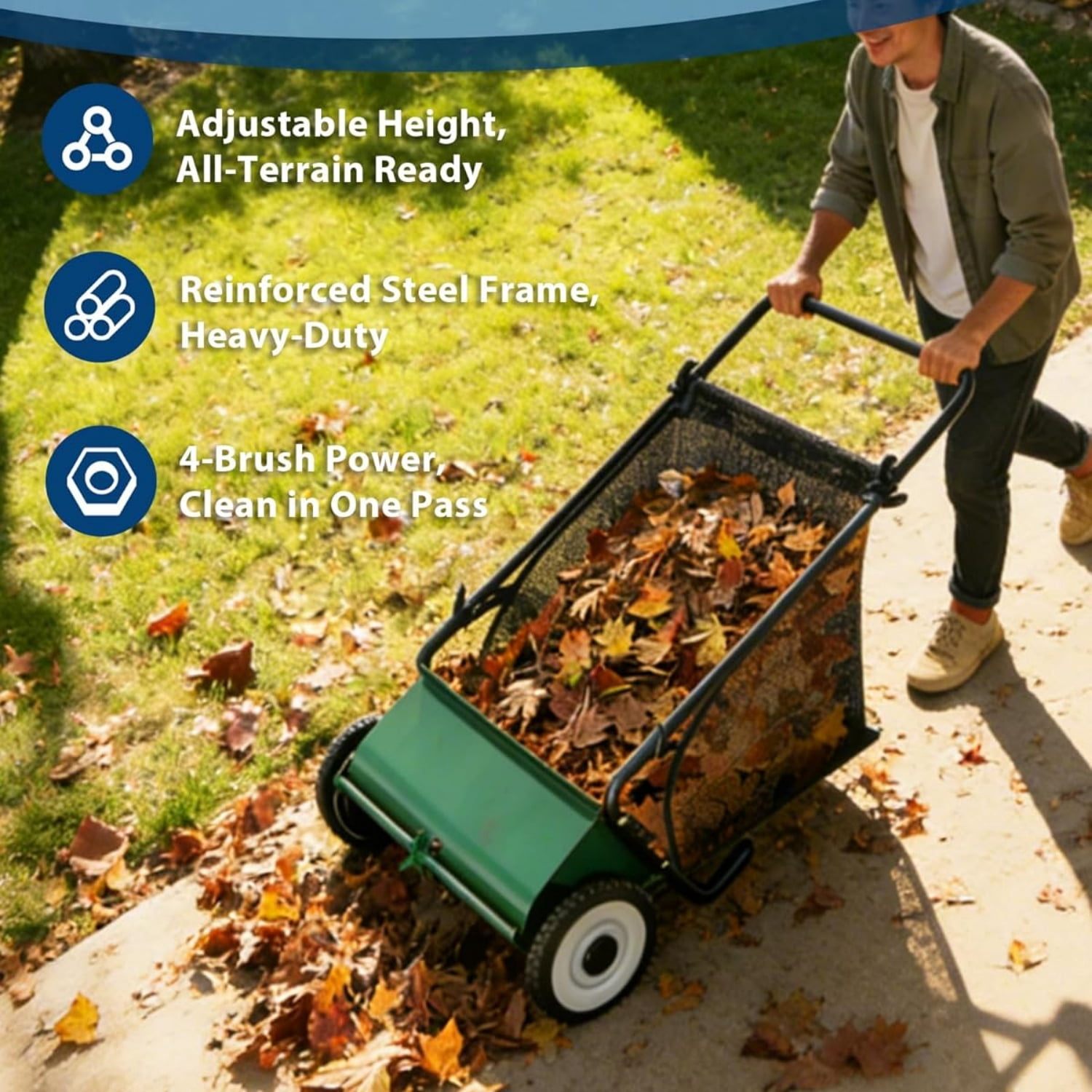 Riedhoff 26" Push Lawn Sweeper,4 Spinning Brushes, 7 Cu. Ft Capacity Collection Bag, Adjustable Height, Green