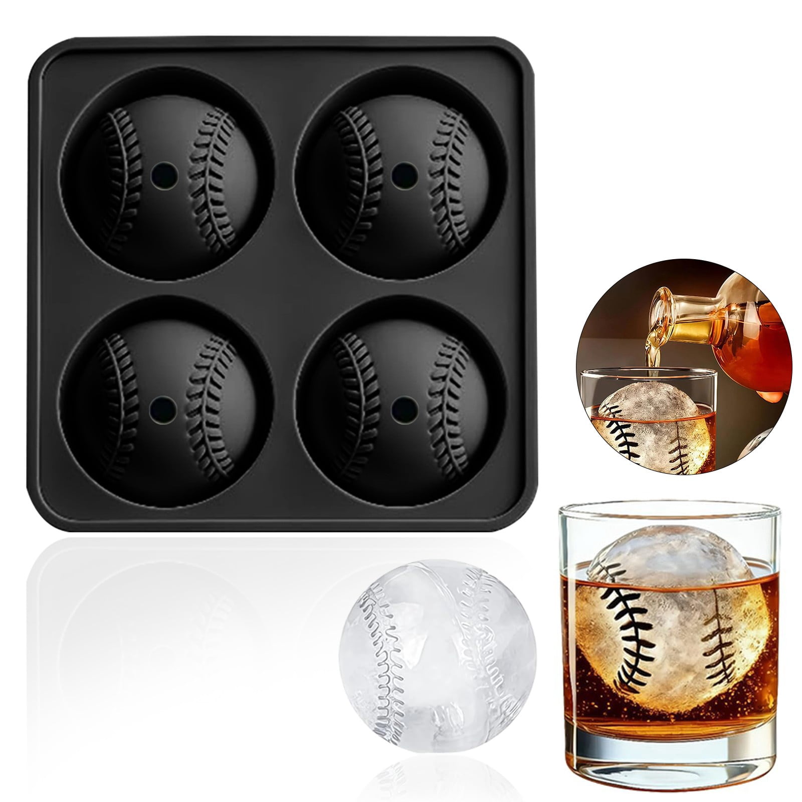 Hearthoom Baseball Ice Cube Molds, Big Round Whiskey Ice Cube Trays for Freezer, Easy to Fill & Release, Sphere for Reusable Tray,Black 2