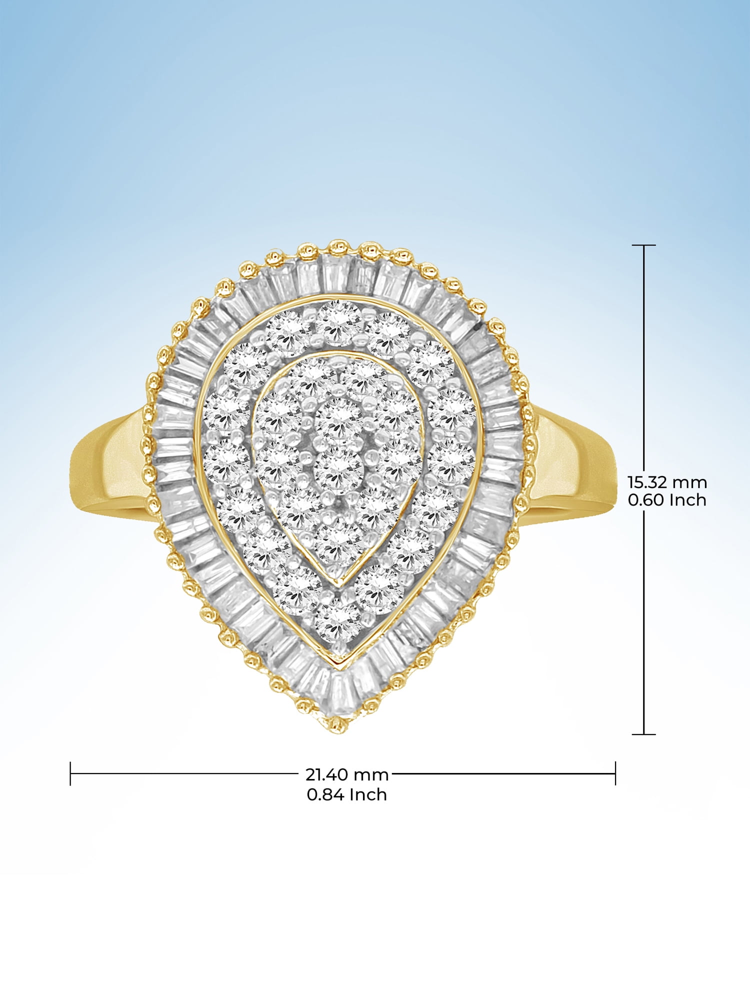 JewelersClub White Diamond Ring with 14K Gold Plating for Women & Girls | Teardrop Halo Promise Ringwith Round & Baguette Cut Diamonds