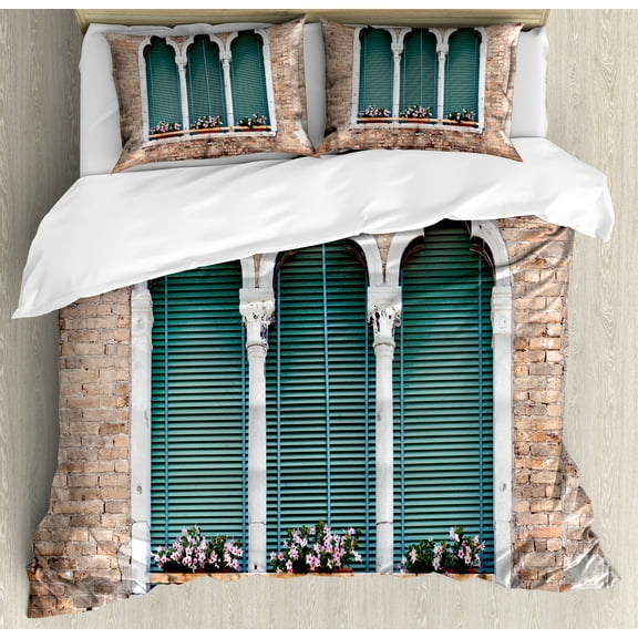 Venice Duvet Cover Set, Traditional Gothic Style Windows with Flower Pots on Brick Wall, Decorative 3 Piece Bedding Set with 2 Pillow Shams, King Size, Pale Brown White Blue, by Ambesonne